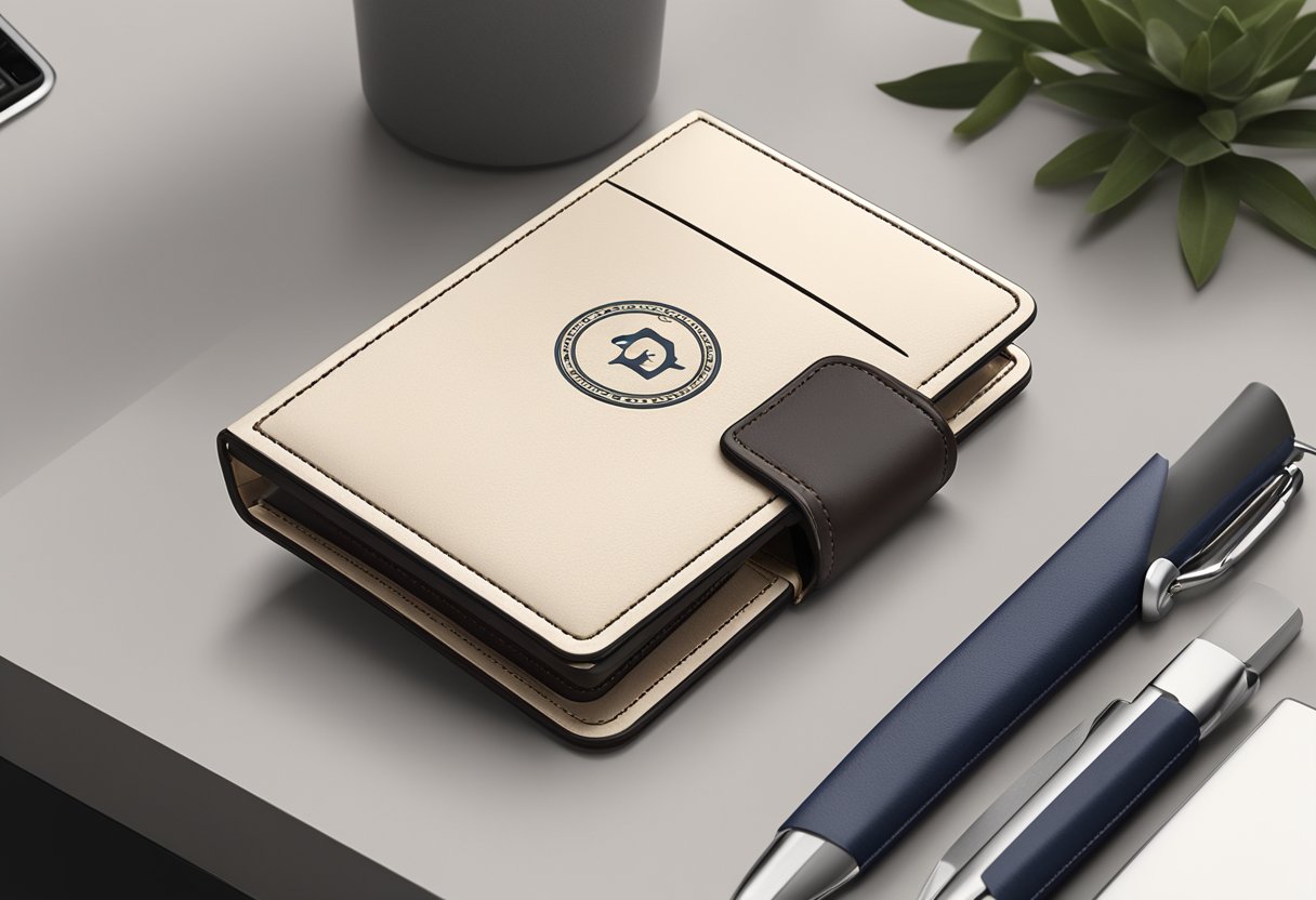 A leather card holder sits on a sleek desk, branded with a corporate logo. A ribbon tied around it adds a touch of elegance