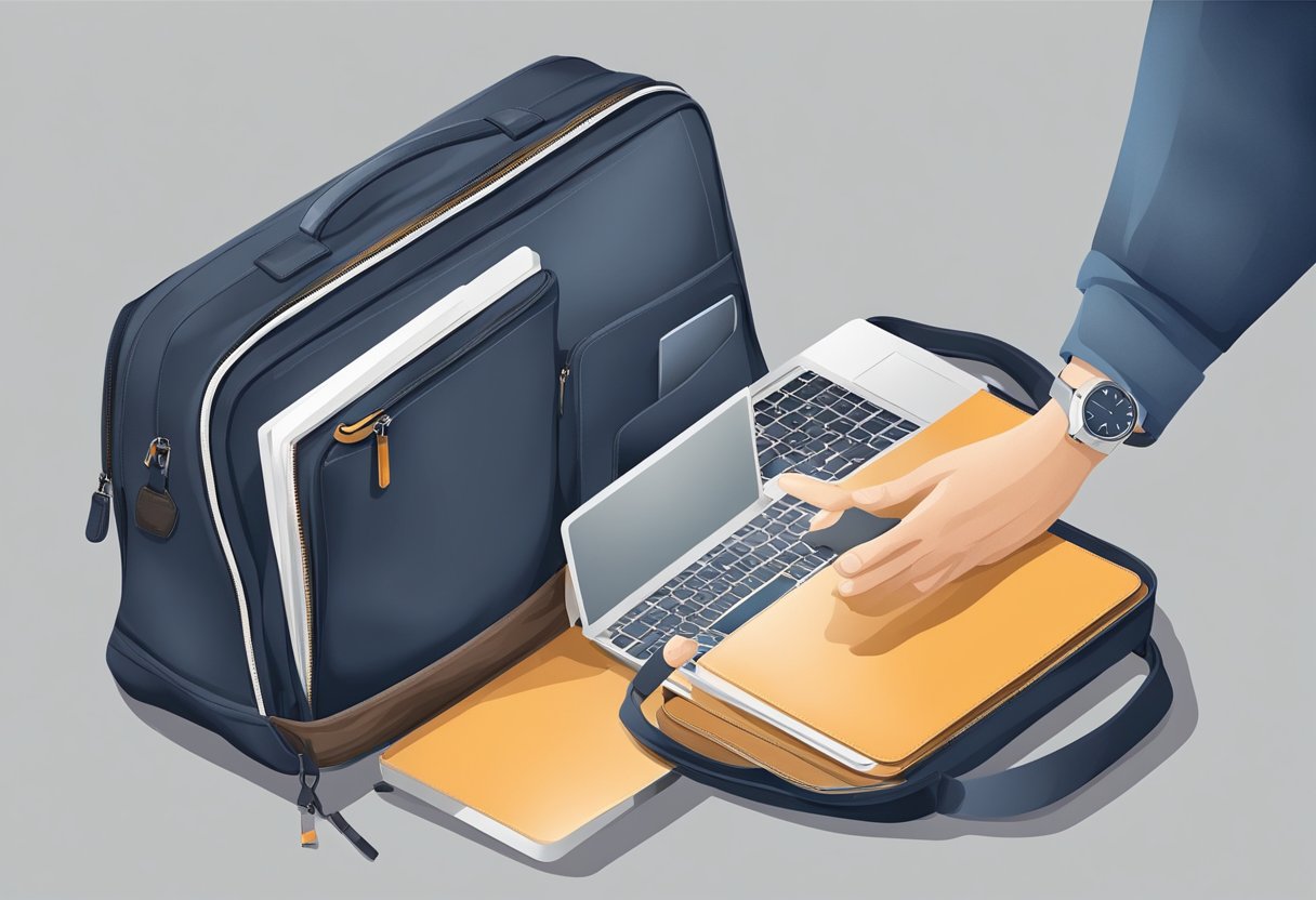 A hand reaches for a laptop bag with a sturdy handle. The bag is sleek and modern, with multiple compartments for organization
