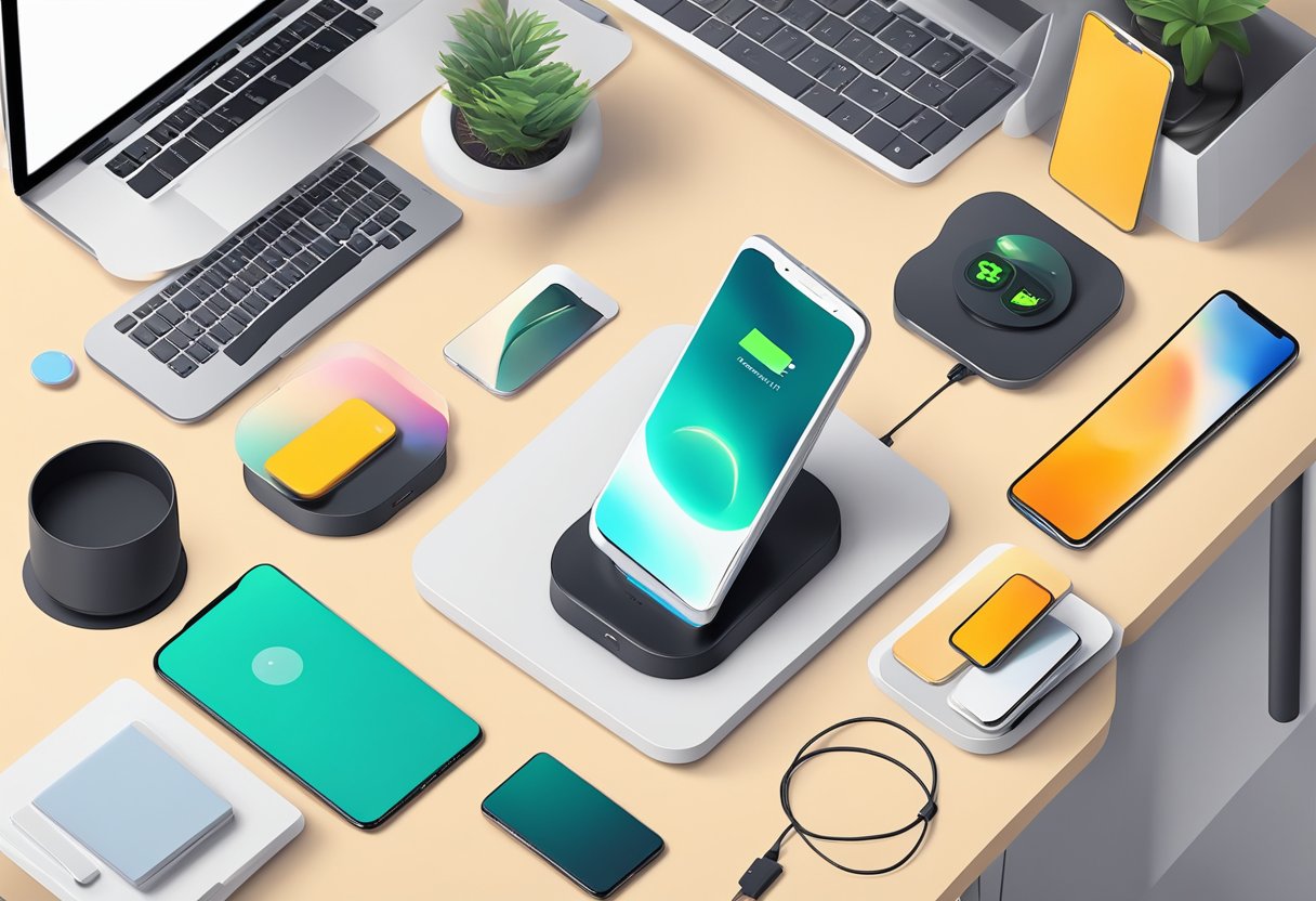 A hand reaches for a sleek wireless charger on a clutter-free desk, surrounded by modern electronic devices