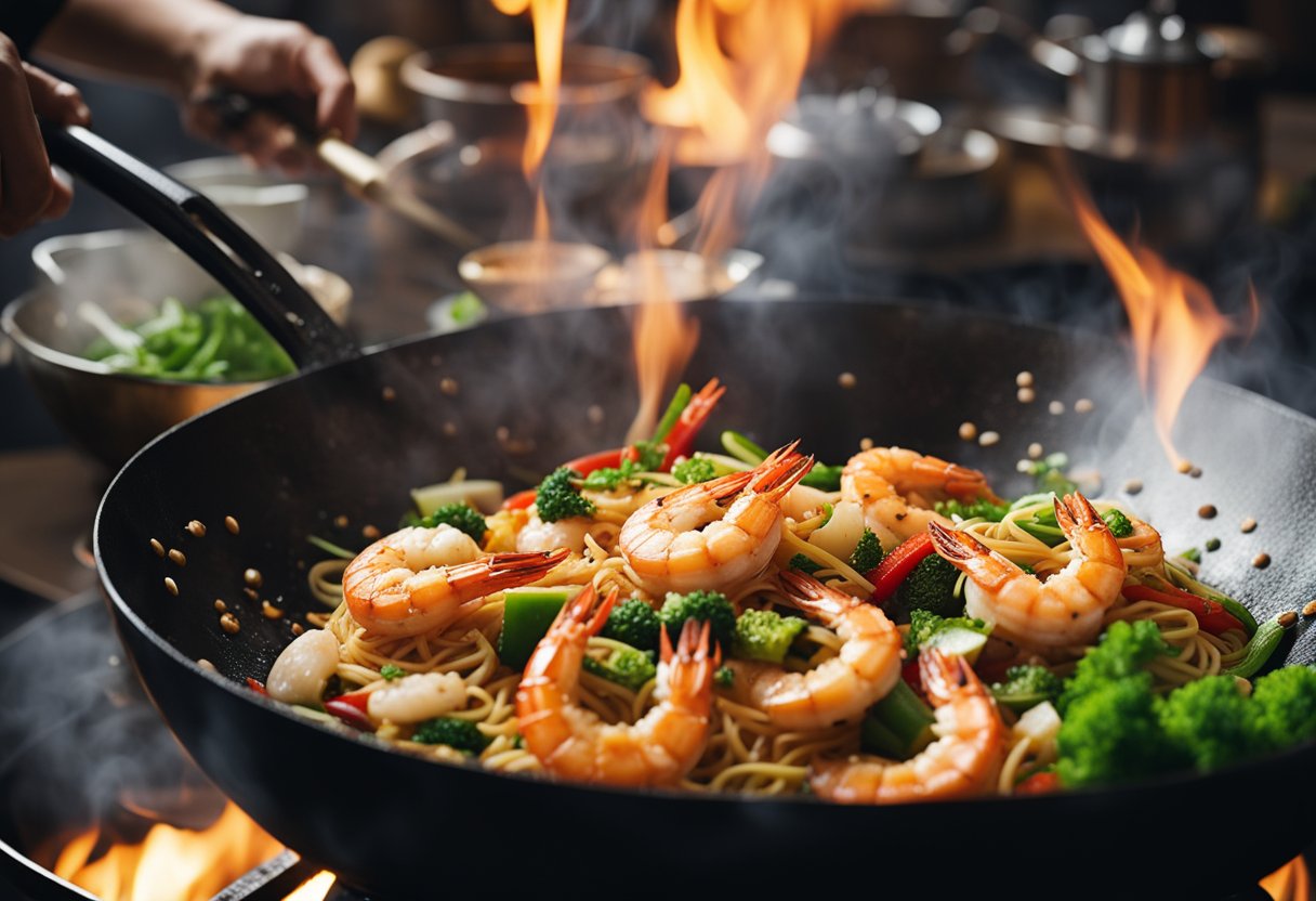 A wok sizzles with prawns, noodles, and colorful vegetables being tossed and stir-fried over a high flame. Steam rises as the ingredients are expertly combined with sauces and seasonings