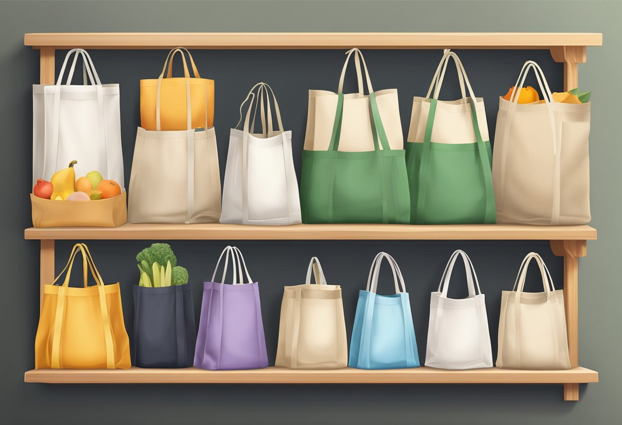 A variety of reusable grocery bags made from canvas, nylon, and mesh, are neatly stacked on a wooden shelf