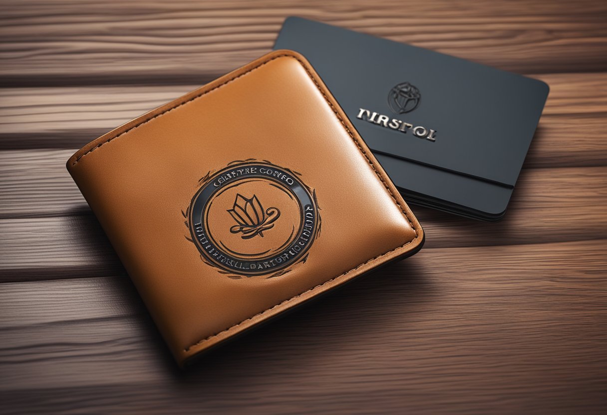 A hand reaches for a sleek leather card holder, embossed with a corporate logo, displayed on a polished wooden table