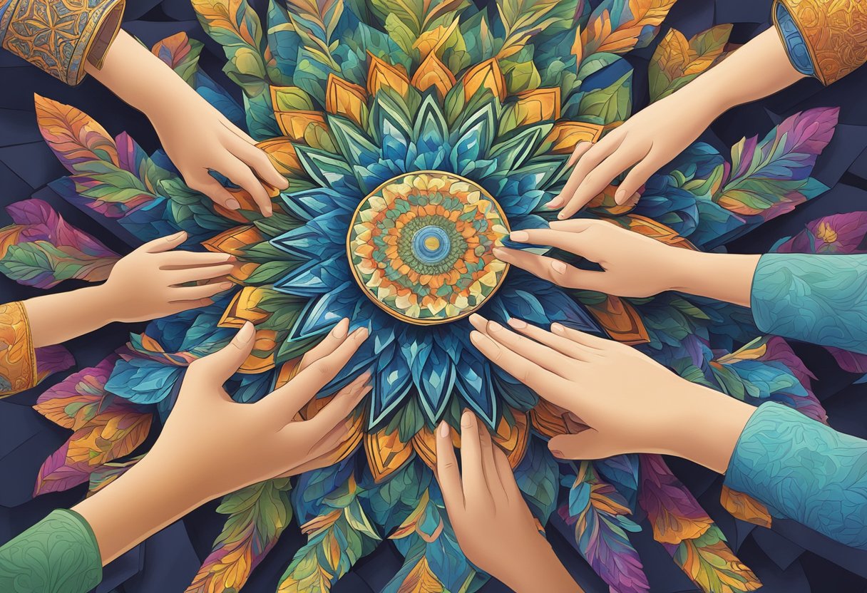 A hand reaches out to select a vibrant kaleidoscope from a display of corporate gifts, showcasing its intricate patterns and colors