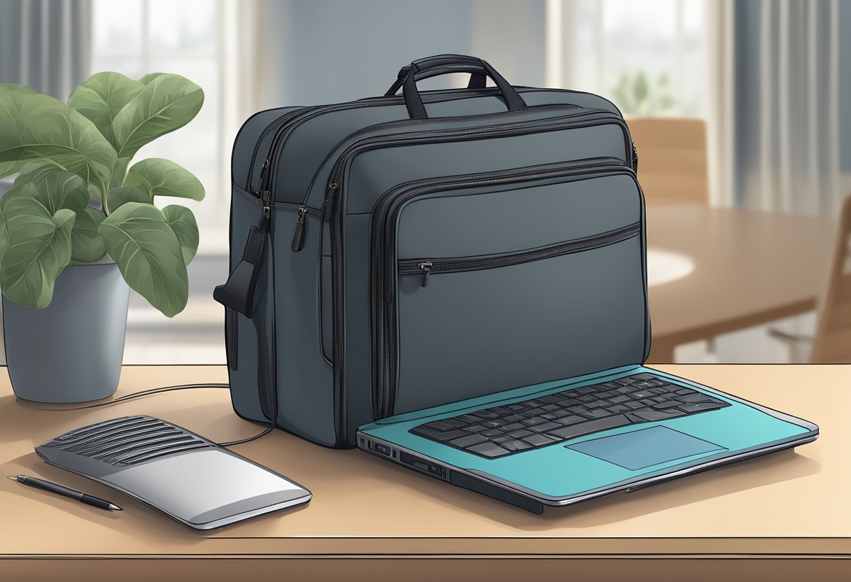 A laptop bag with a sturdy handle sits on a table, with a "Frequently Asked Questions" logo prominently displayed on the front