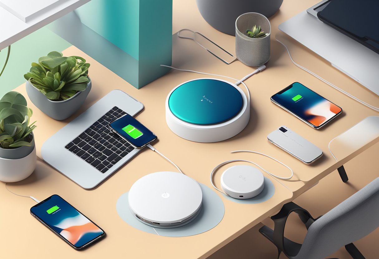 A wireless charger resting on a sleek, modern desk, surrounded by various electronic devices