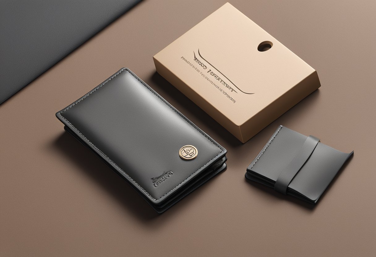 A leather card holder with a company logo engraved, surrounded by branded packaging and personalized note