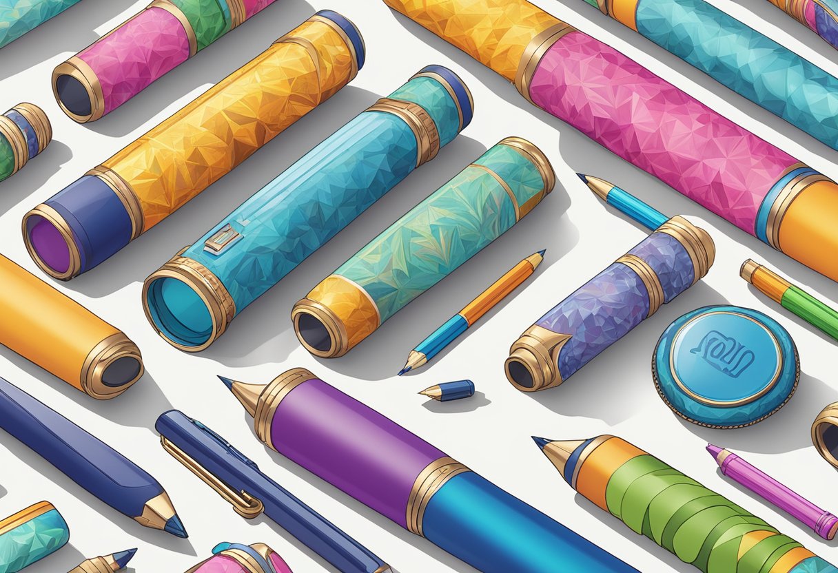 A kaleidoscope with "Frequently Asked Questions" text on its exterior, surrounded by corporate gift items like pens, mugs, and notebooks