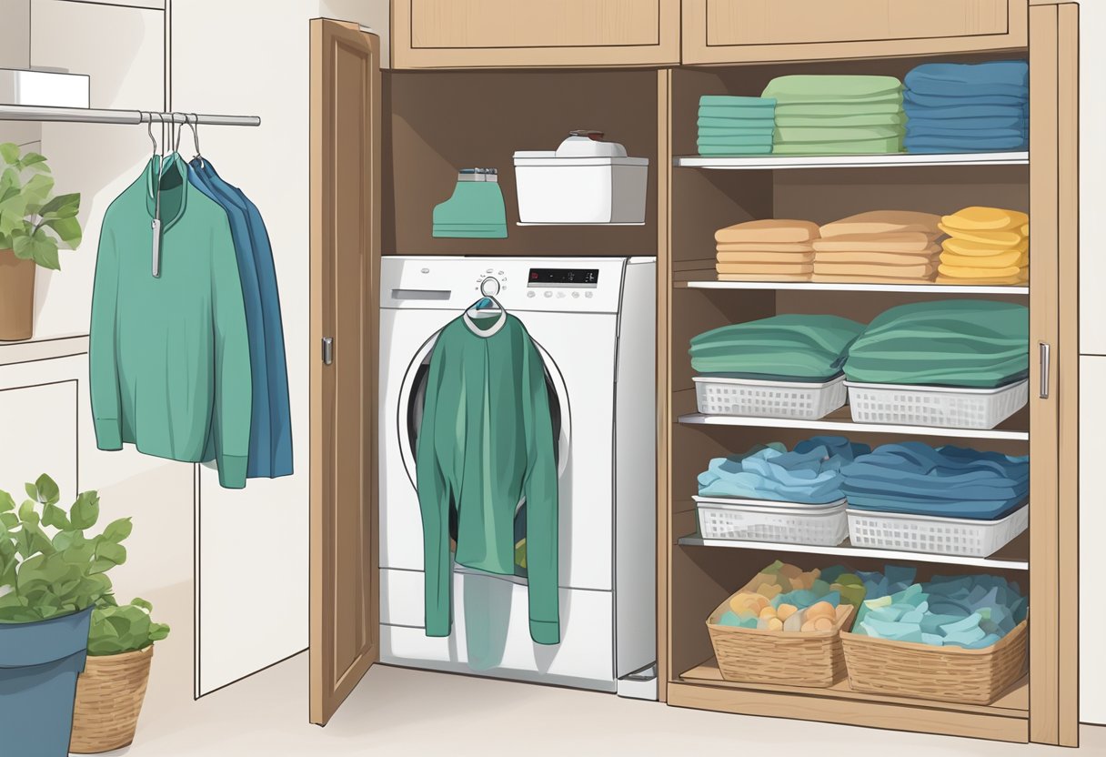 Reusable grocery bags being washed and air-dried. A person folds and stores them neatly in a cupboard