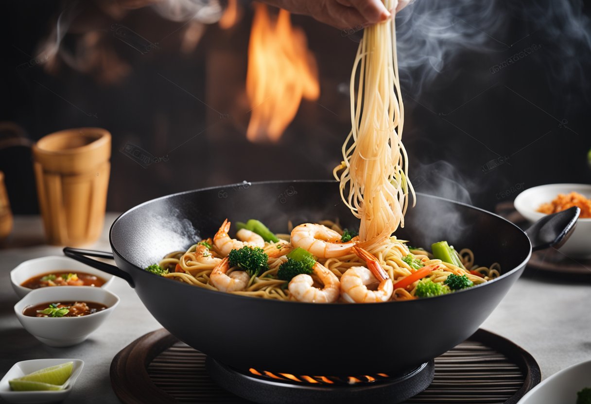 A sizzling wok with prawn noodle stir fry, steam rising, chopsticks ready