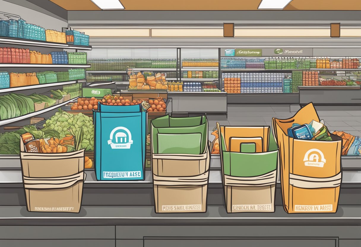 A stack of reusable grocery bags with "Frequently Asked Questions" printed on them sits on a supermarket checkout counter