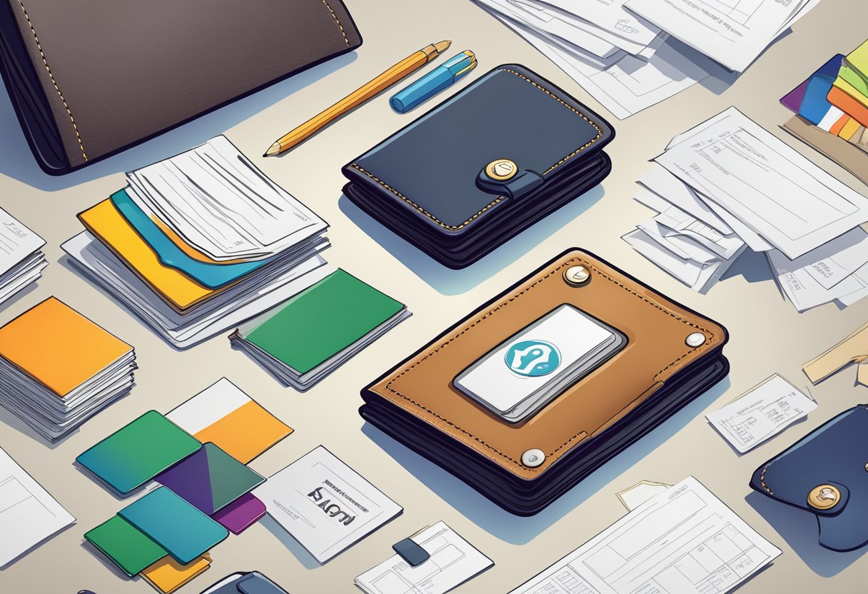 A leather card holder surrounded by corporate logos and accompanied by a stack of frequently asked questions papers