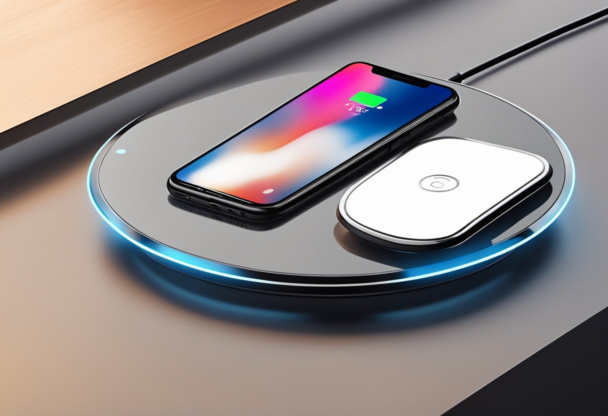 A smartphone placed on a sleek wireless charger, with a glowing indicator light, on a clean, modern desk