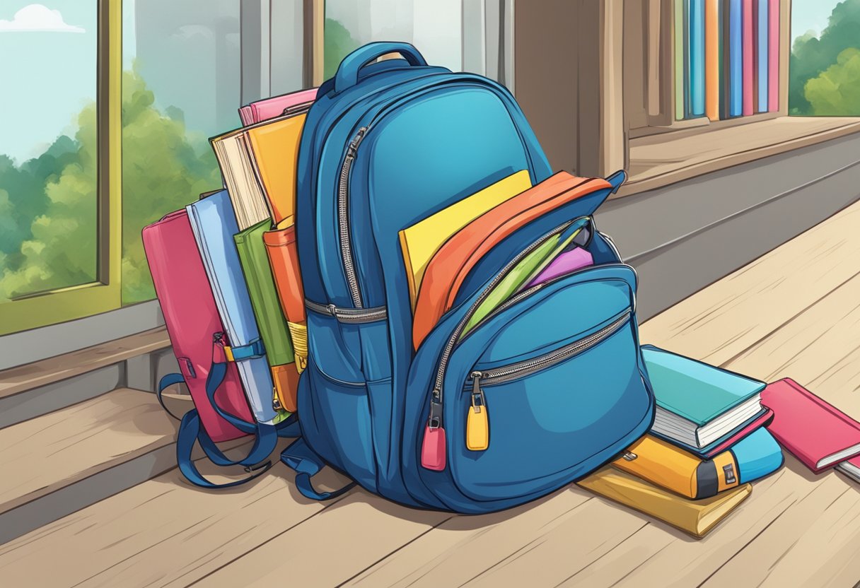 A colorful school bag sits on a bench, overflowing with books and school supplies. A water bottle and lunchbox are tucked into the side pockets