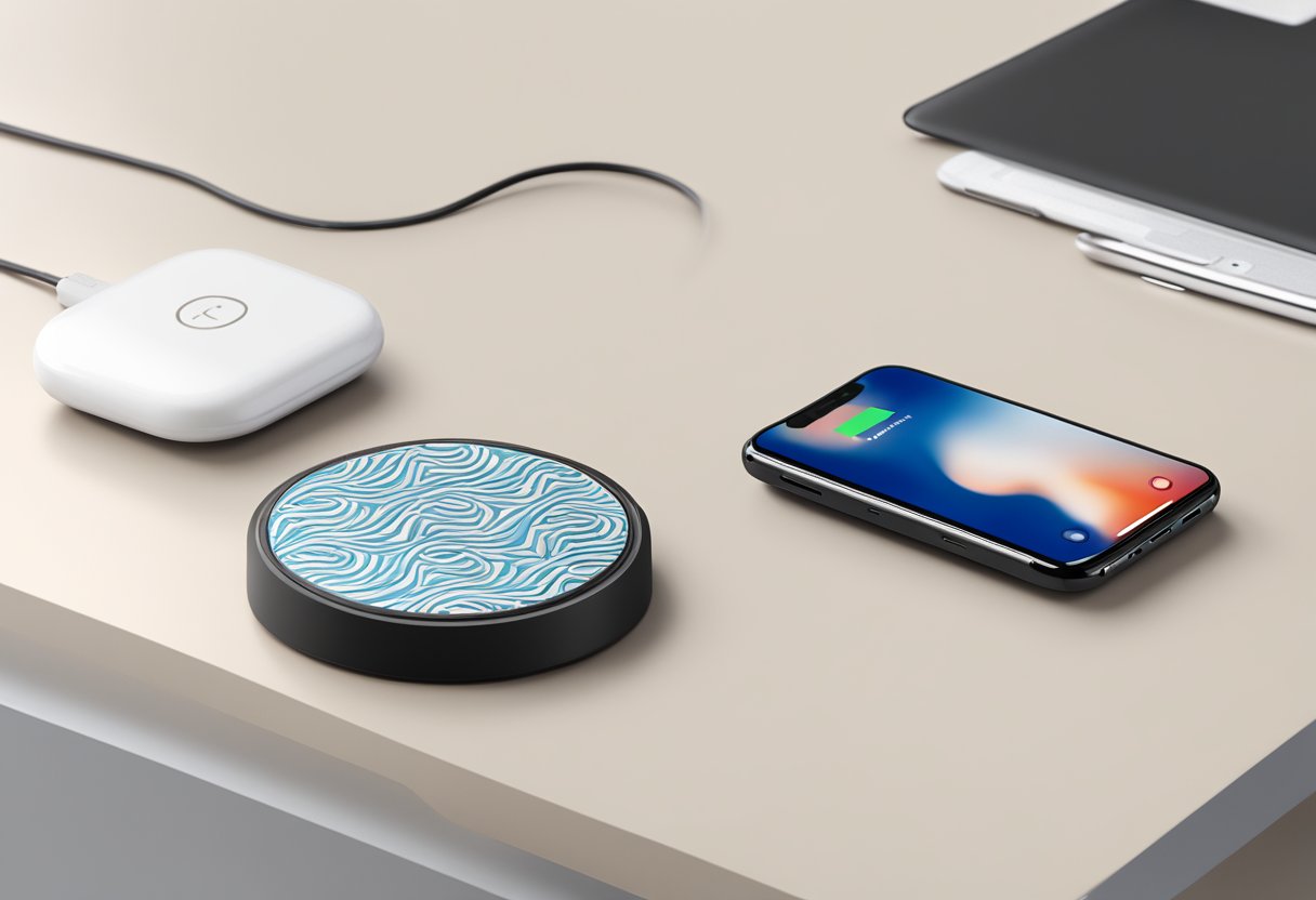 A sleek, modern wireless charger sits on a clean, minimalist desk. The charger features a custom design with a logo or pattern etched into the surface