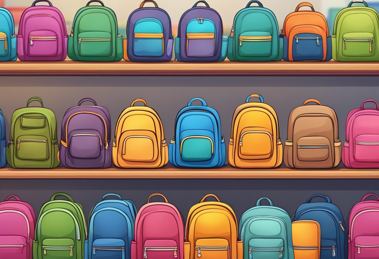 A child stands in front of a display of colorful school bags, carefully examining each one before finally selecting the perfect one for the upcoming school year