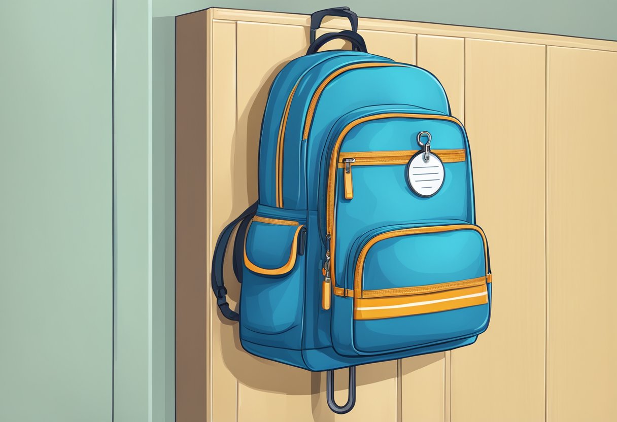A school bag hanging on a hook with a visible label for health and safety considerations