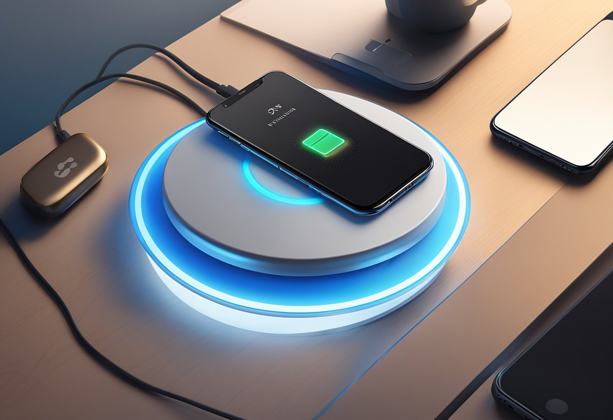 A sleek wireless charger sits on a desk, with a smartphone placed on top. The charger is plugged into a power source, emitting a soft glow indicating it is charging the device