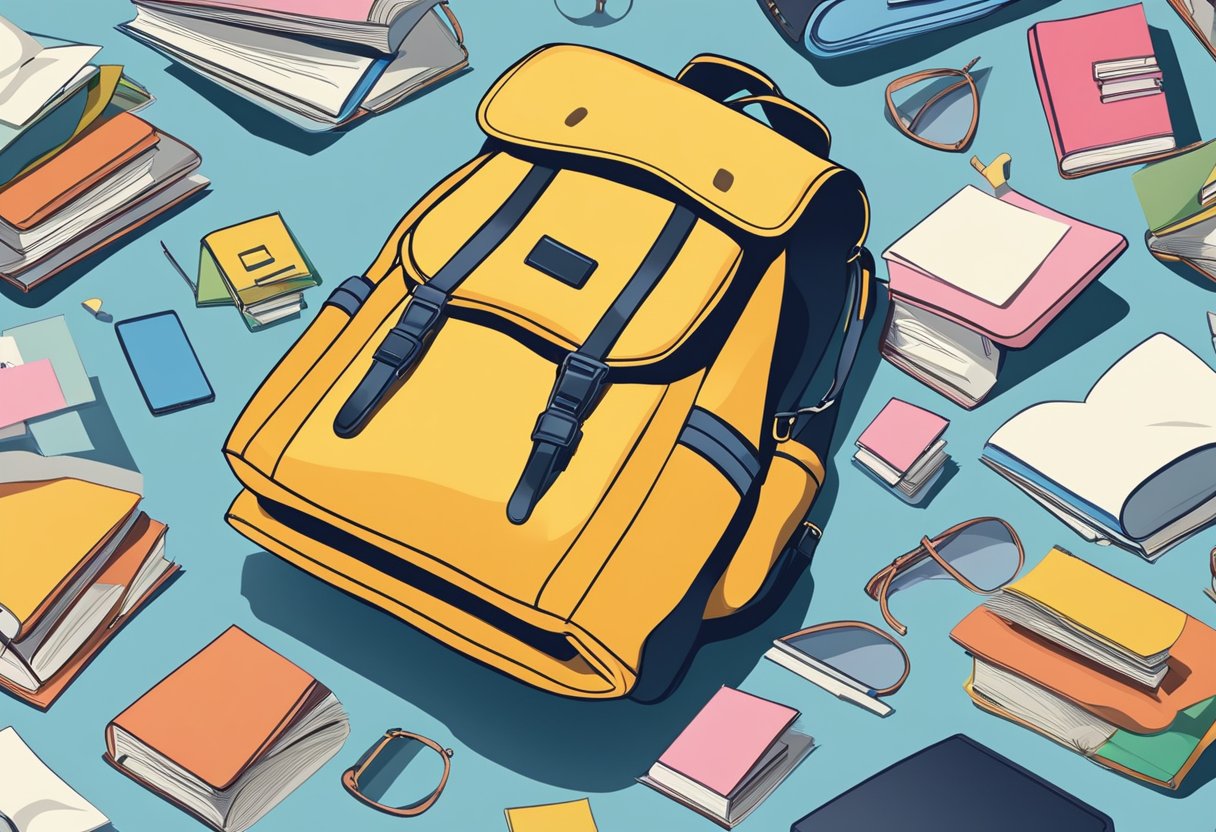 A school bag surrounded by question marks, with a stack of books and a laptop peeking out from inside