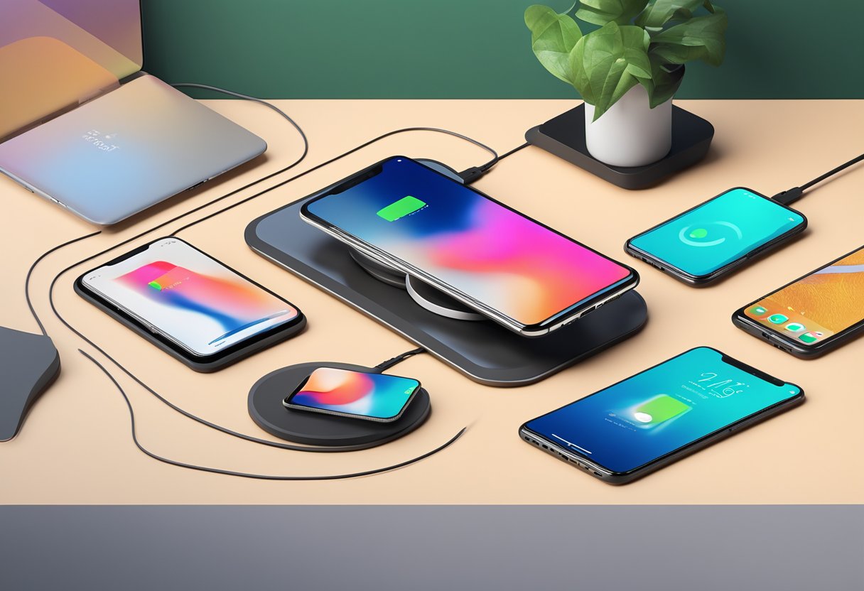 A wireless charger with a custom design sits on a desk, surrounded by various electronic devices