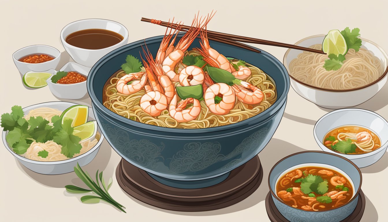 A steaming bowl of Prawn Mee sits on a table, filled with noodles, prawns, and a rich, fragrant broth. A side of sambal and lime completes the scene