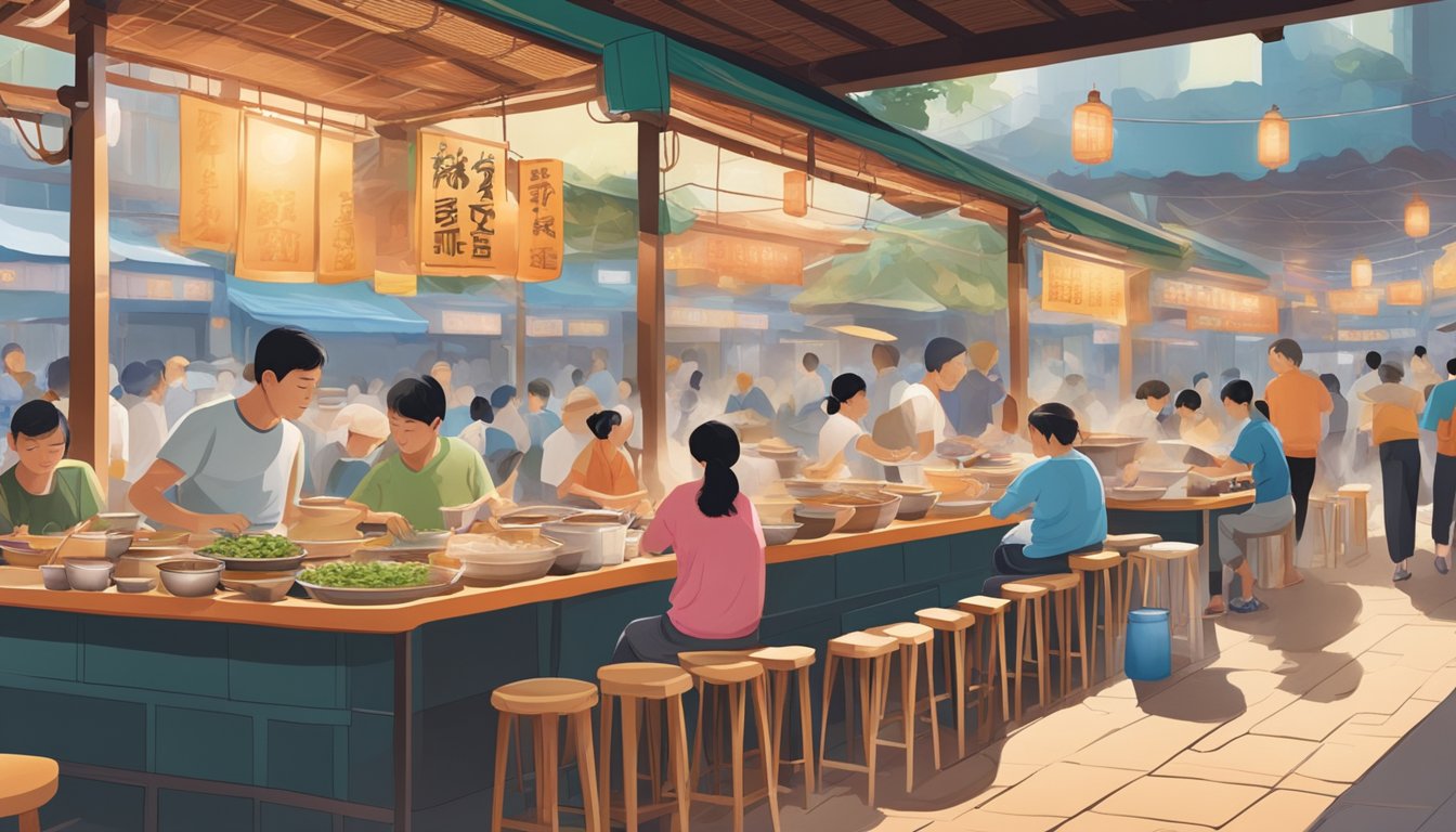 A bustling hawker center with steaming pots of broth, fresh prawns, and fragrant noodles. Customers eagerly slurping up the rich, savory soup at colorful plastic tables