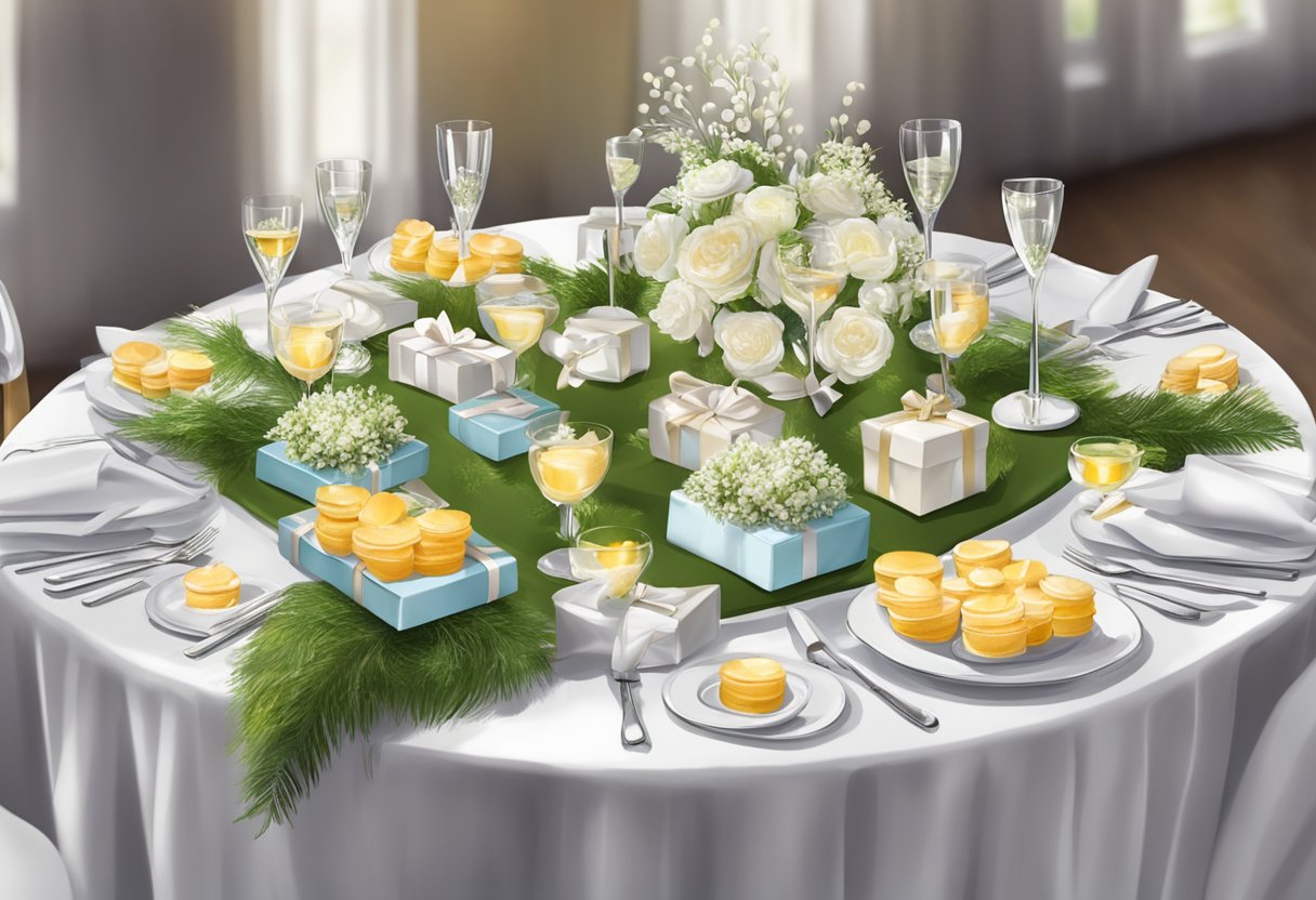 A table adorned with elegant wedding favours and corporate gifts