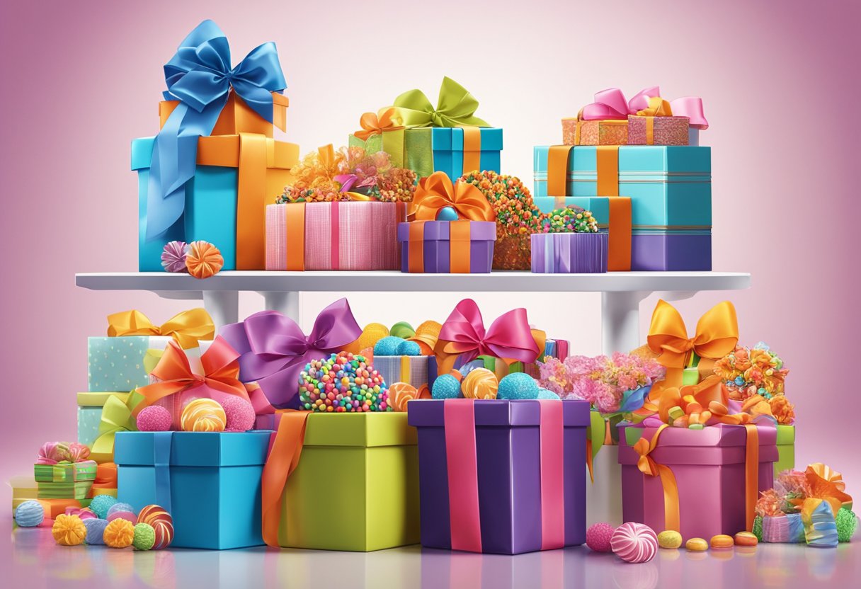 A table displays See's Candy corporate gifts in a well-lit room. Boxes and baskets are neatly arranged with colorful ribbons and bows