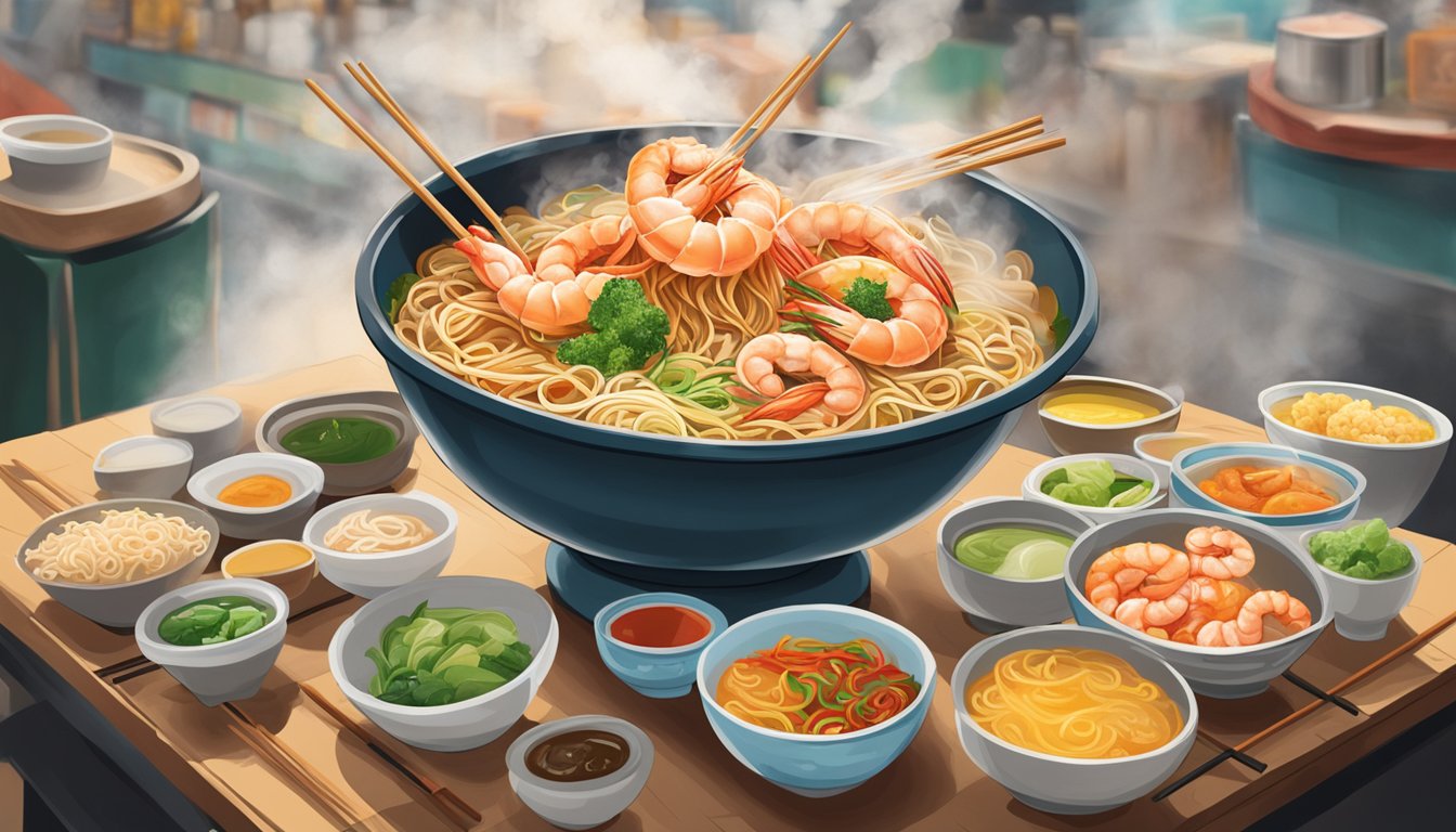 A steaming bowl of prawn mee surrounded by condiments and chopsticks on a hawker stall in Singapore