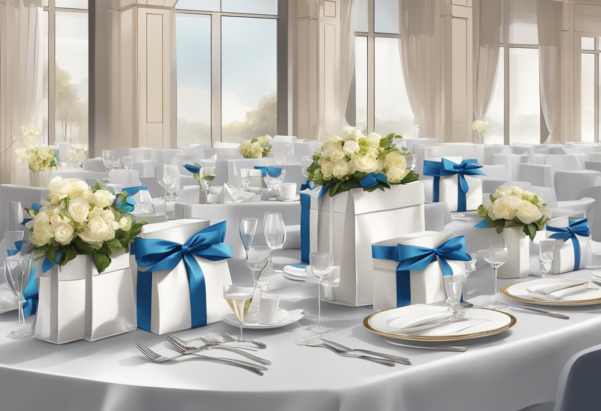 A table adorned with elegant wedding favours and branded corporate gifts. Ribbons, boxes, and bags display a variety of options for guests and clients