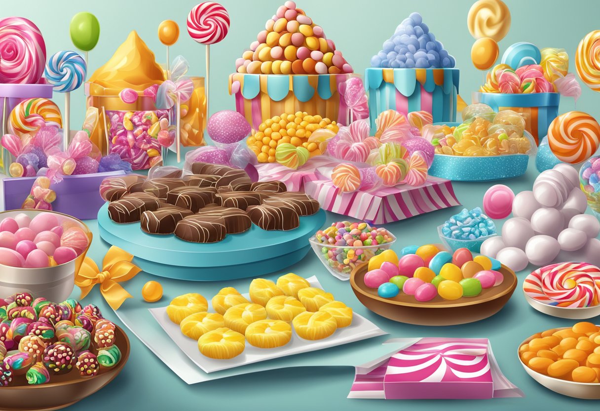 A table displays various candy corporate gifts for selection