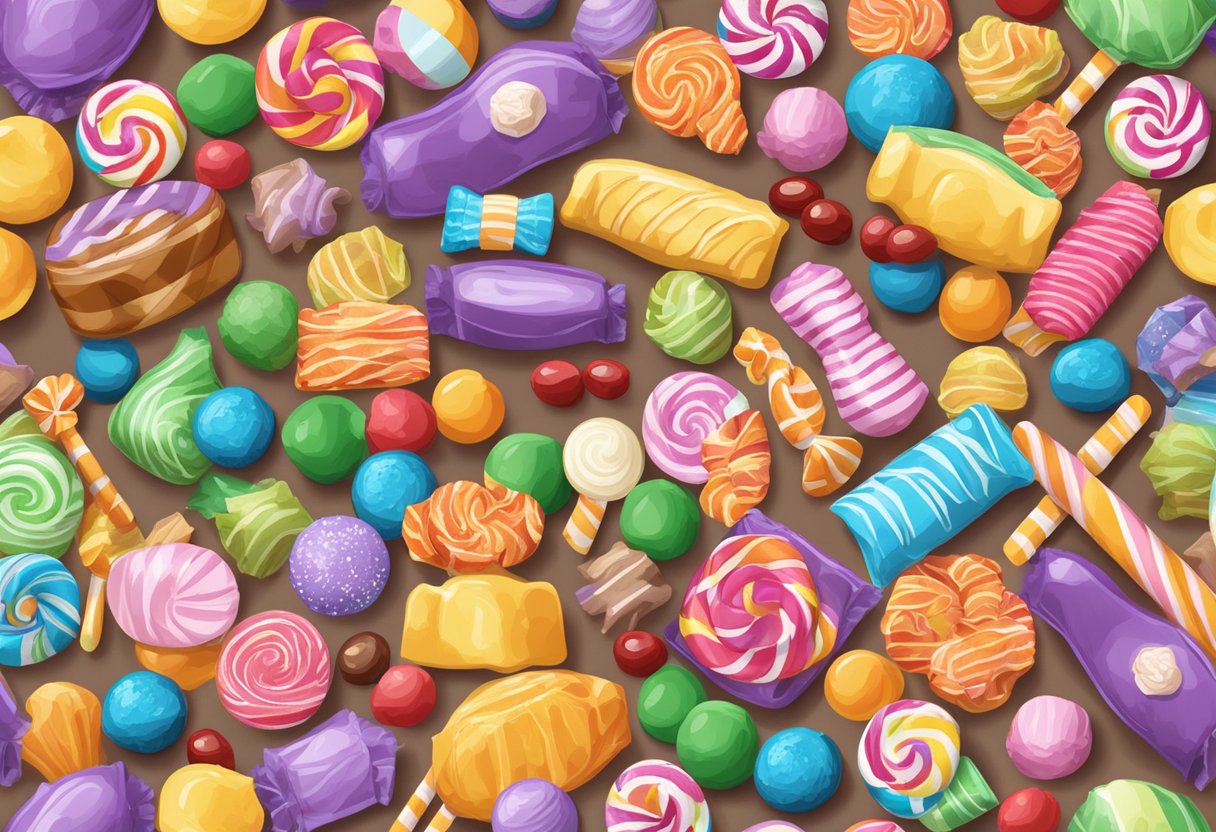 A table displays assorted candy corporate gifts with a sign for Ordering and Services