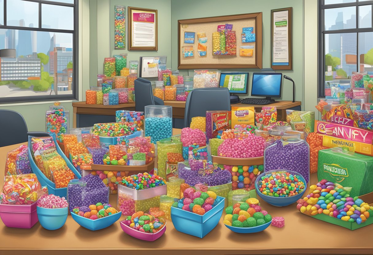 A table displays various candy corporate gifts with a sign reading "Frequently Asked Questions" in a bustling office setting