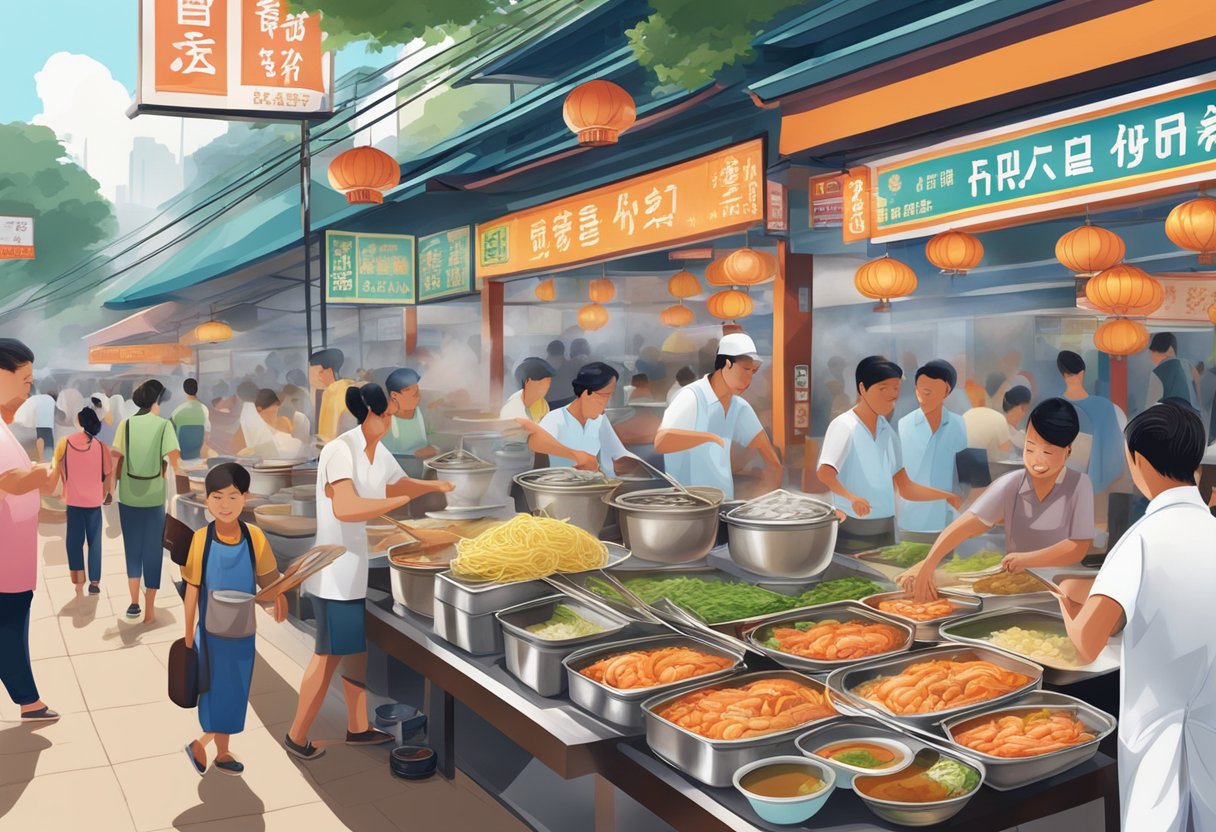 A bustling hawker center on East Coast Road, with steaming bowls of prawn noodles and vibrant signage enticing passersby