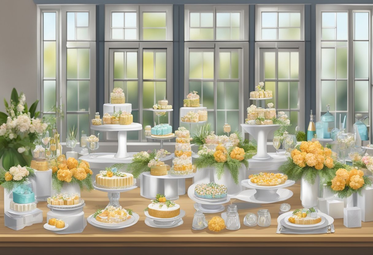 A table displays various wedding favours and corporate gifts. Customers engage with the products, showing interest and appreciation