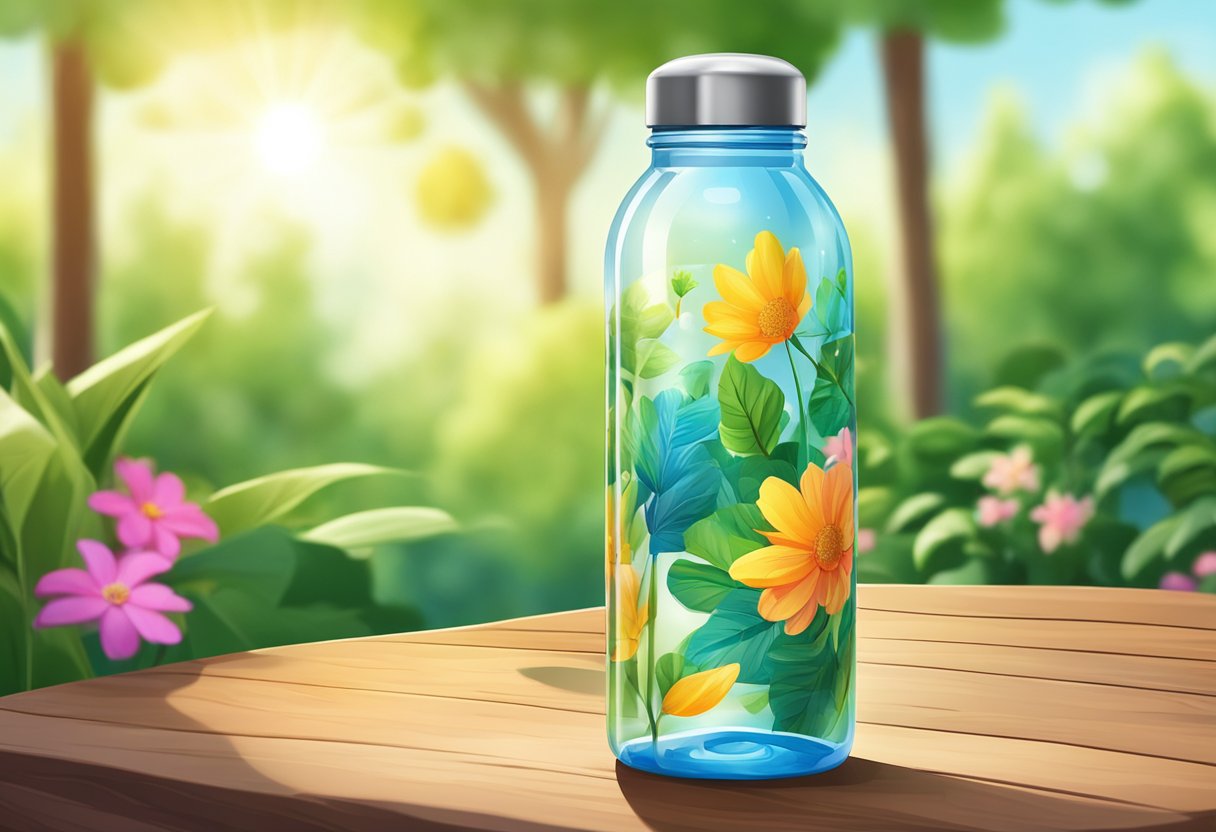 A water bottle with colorful printing sits on a wooden table, surrounded by a lush green garden. The sunlight filters through the leaves, casting a warm glow on the bottle