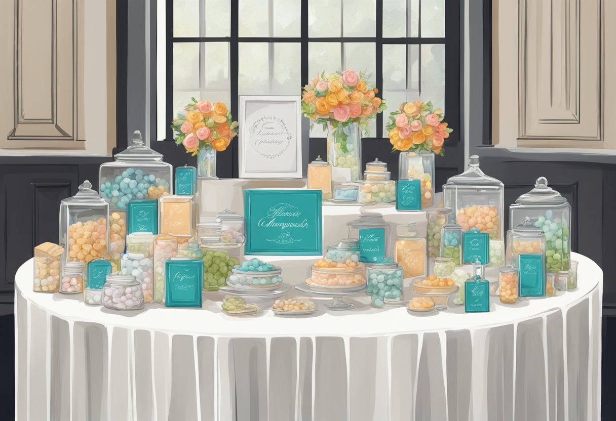 A table adorned with neatly arranged wedding favours and corporate gifts, with a sign reading "Frequently Asked Questions" in elegant calligraphy