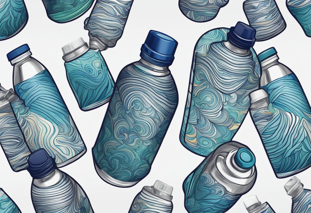 A water bottle being printed with custom design. Ink being applied to the surface, colors blending and forming the desired pattern