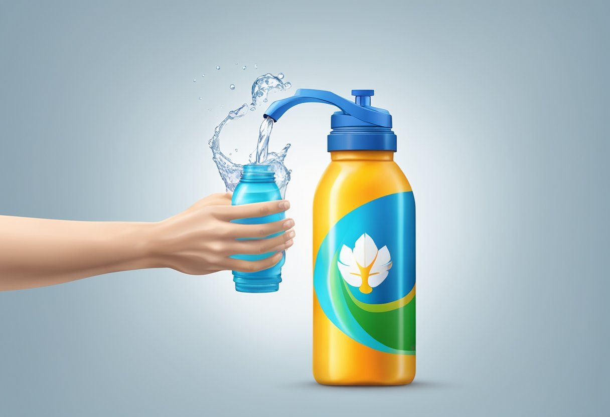 A bright, colorful water bottle with a logo is held in one hand while the other hand pours water into it from a faucet