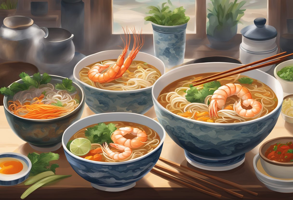 A steaming bowl of prawn noodle soup sits on a table, surrounded by condiments and utensils. The bustling atmosphere of the East Coast creates a lively backdrop
