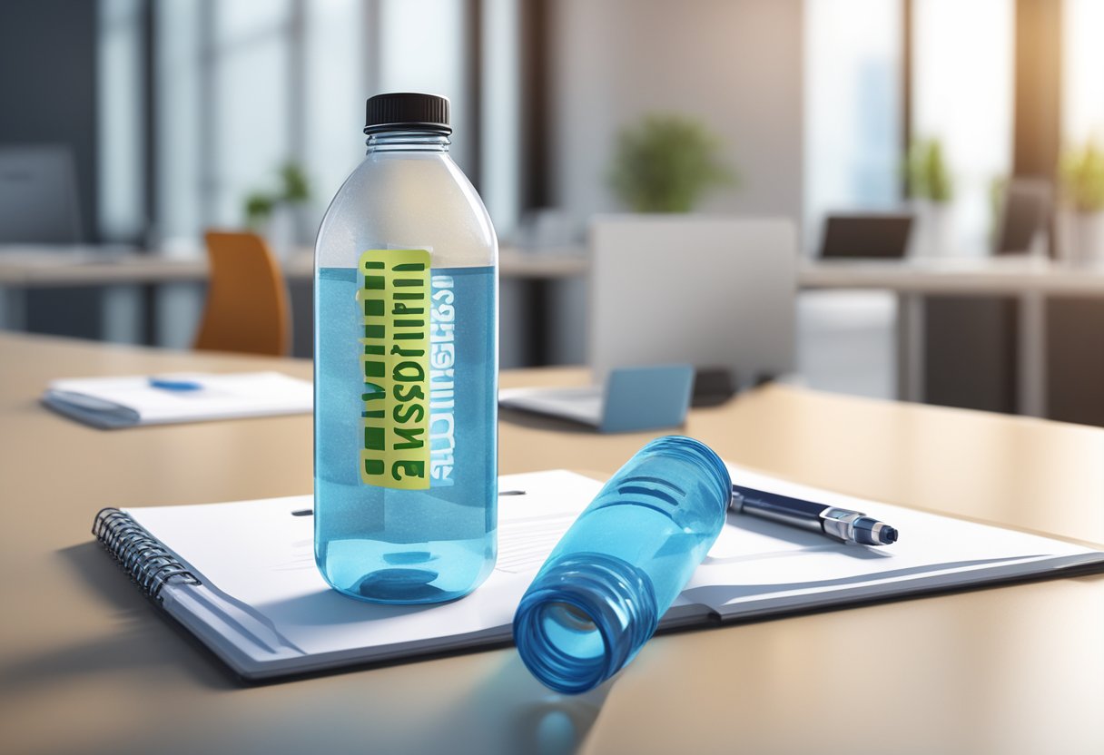 A water bottle with "Frequently Asked Questions" printed on the label, surrounded by a clean and modern office desk setting