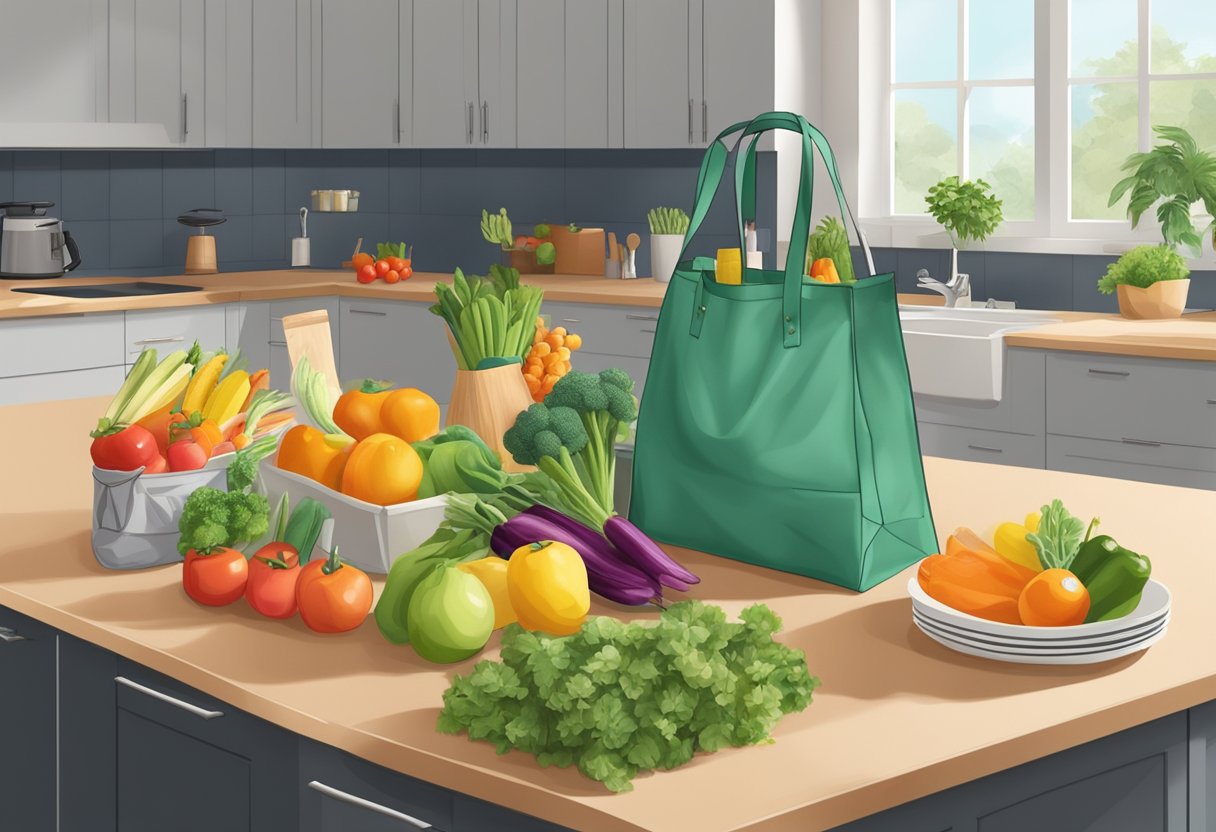 A reusable foldable bag unfolds on a kitchen counter, filled with groceries and surrounded by scattered produce and jars