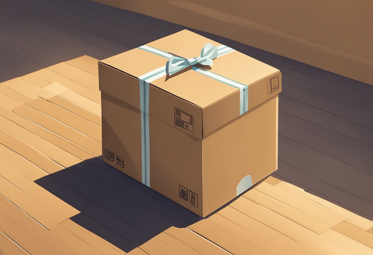 A cardboard box sits on a wooden floor, casting a shadow in the soft light