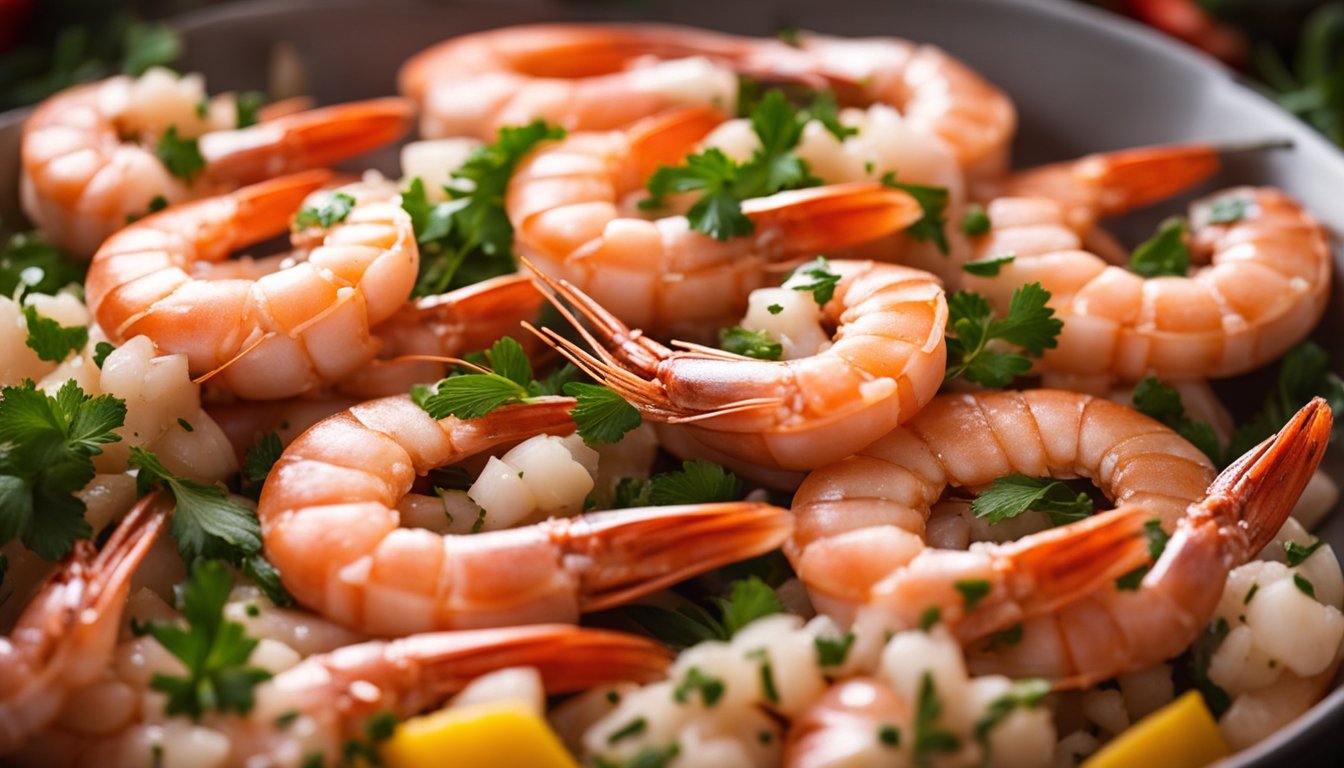 Fresh prawns being peeled and minced, mixed with aromatic spices and herbs in a bowl