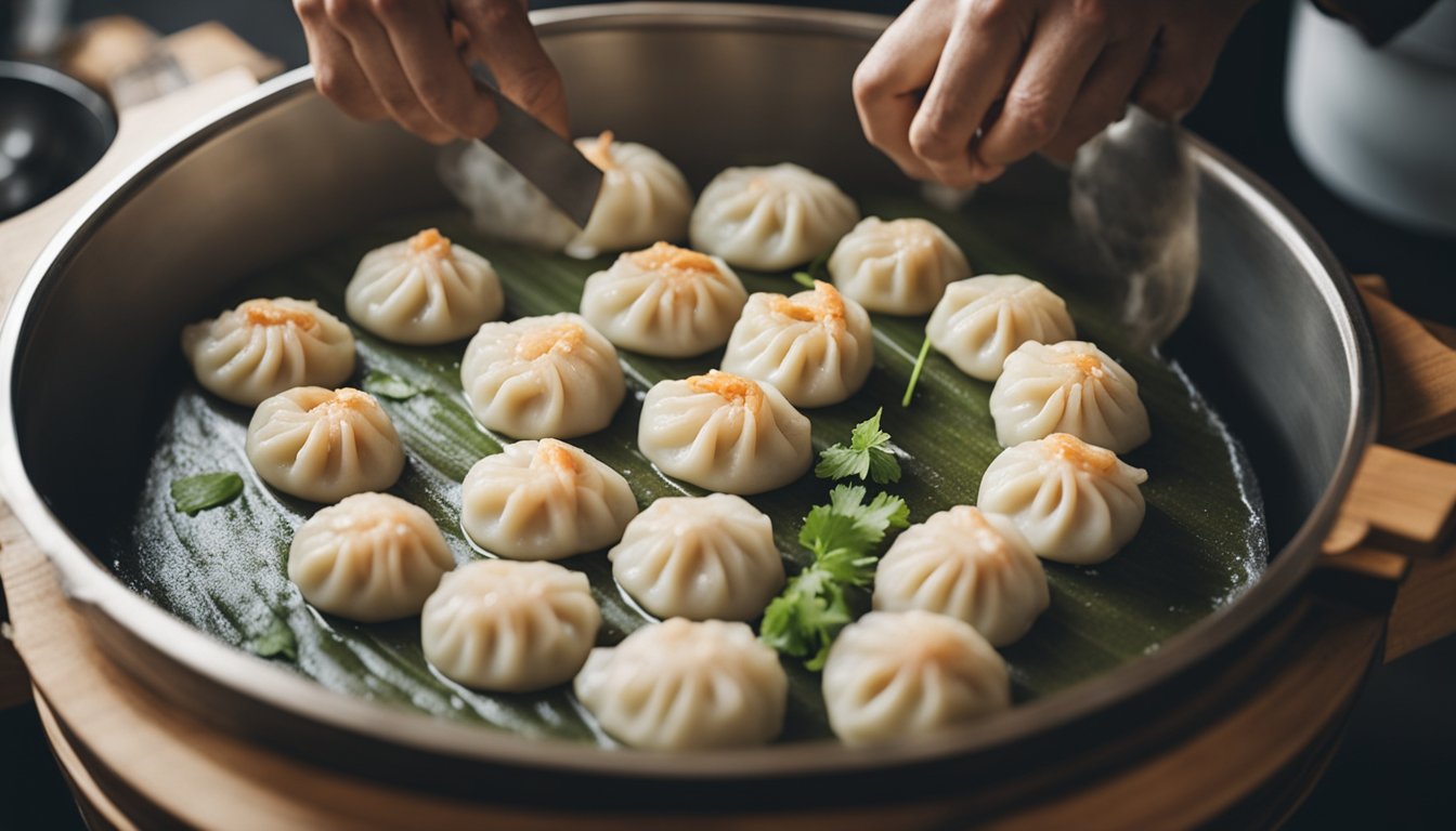 A chef prepares prawn momos, mixing the ingredients and folding the dough, while steaming them in a bamboo steamer