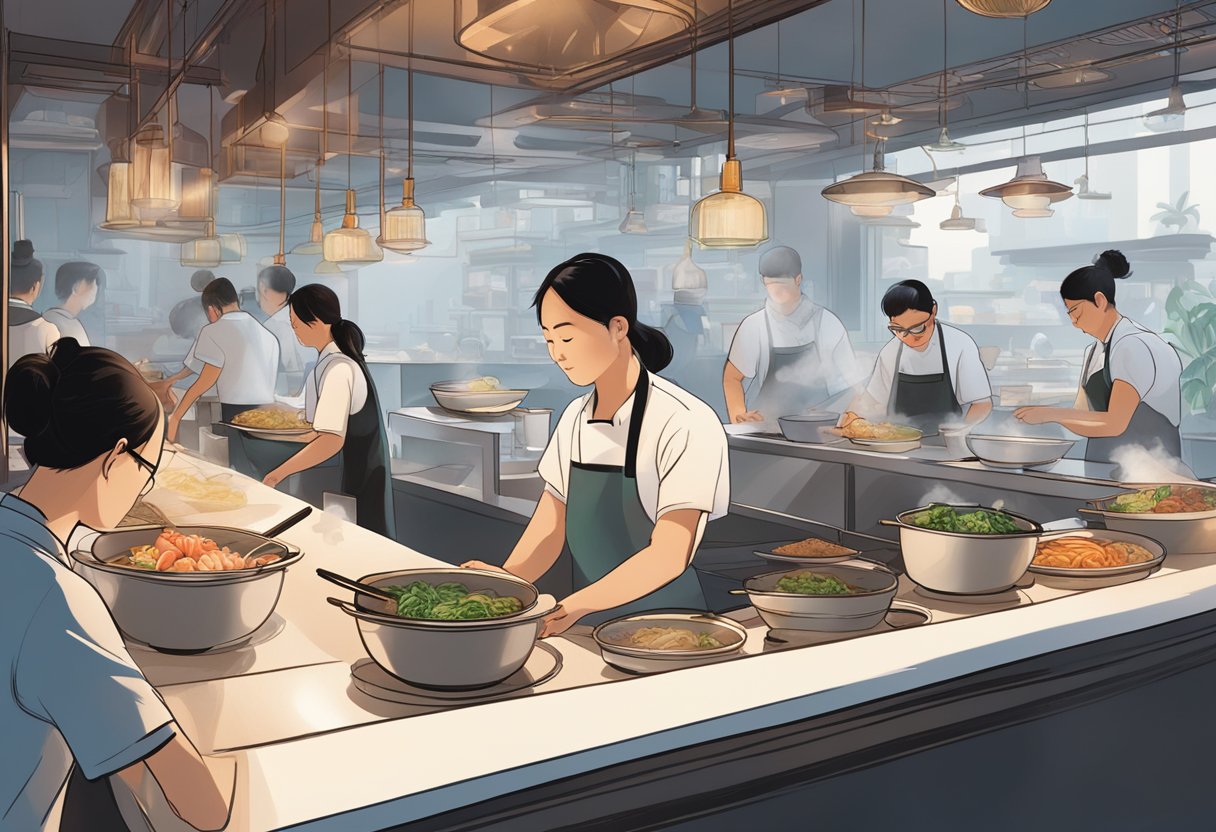 Customers seated at a sleek bar, looking over a menu filled with various prawn noodle options. Steam rises from bowls, and the chef works diligently in the open kitchen