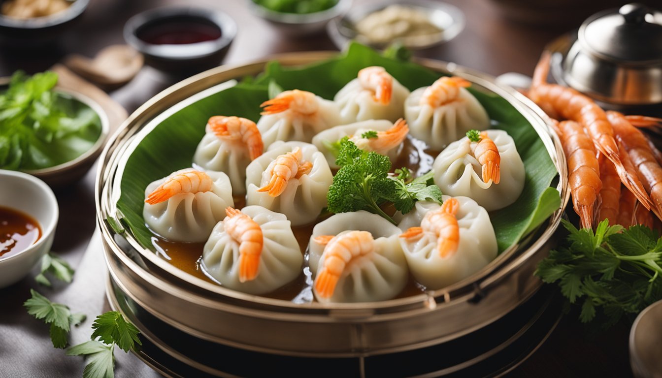A steaming bamboo steamer filled with freshly steamed prawn momos, surrounded by a variety of dipping sauces and garnished with fresh herbs