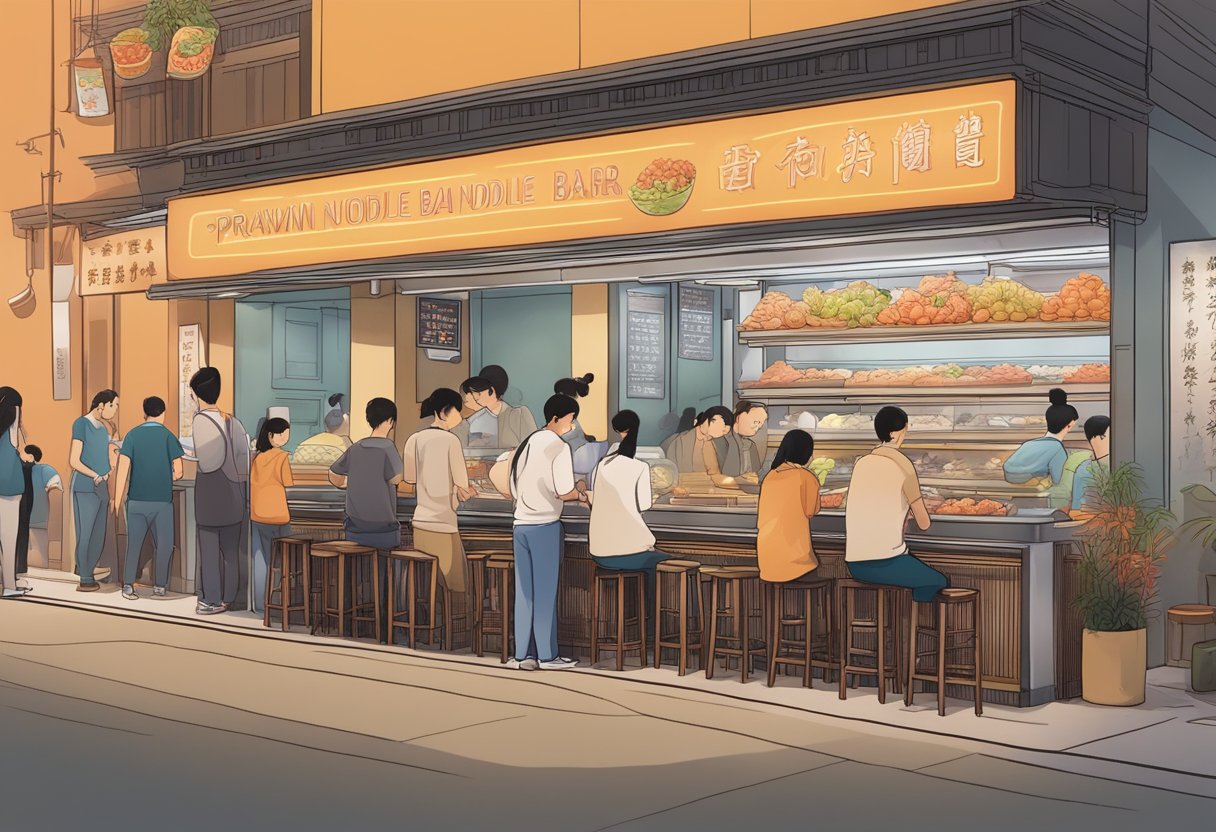 Customers line up at the vibrant, bustling prawn noodle bar, with steaming bowls and fragrant aromas filling the air