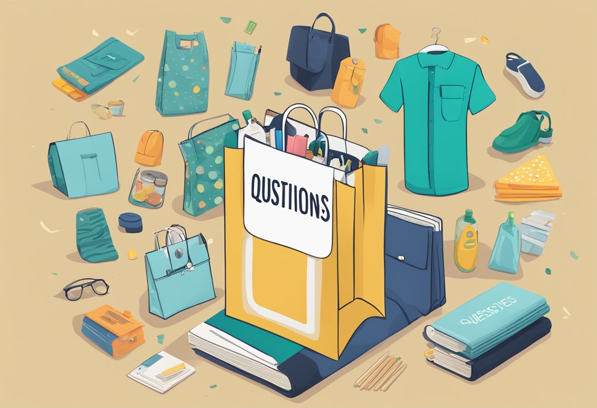 A reusable foldable bag with "Frequently Asked Questions" printed on it, surrounded by various items being placed inside, such as groceries, books, and clothing