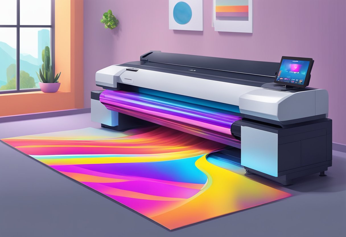 Vibrant UV printing process in action, with a digital printer applying colorful ink onto a flat surface. UV light instantly cures the ink, creating a glossy finish