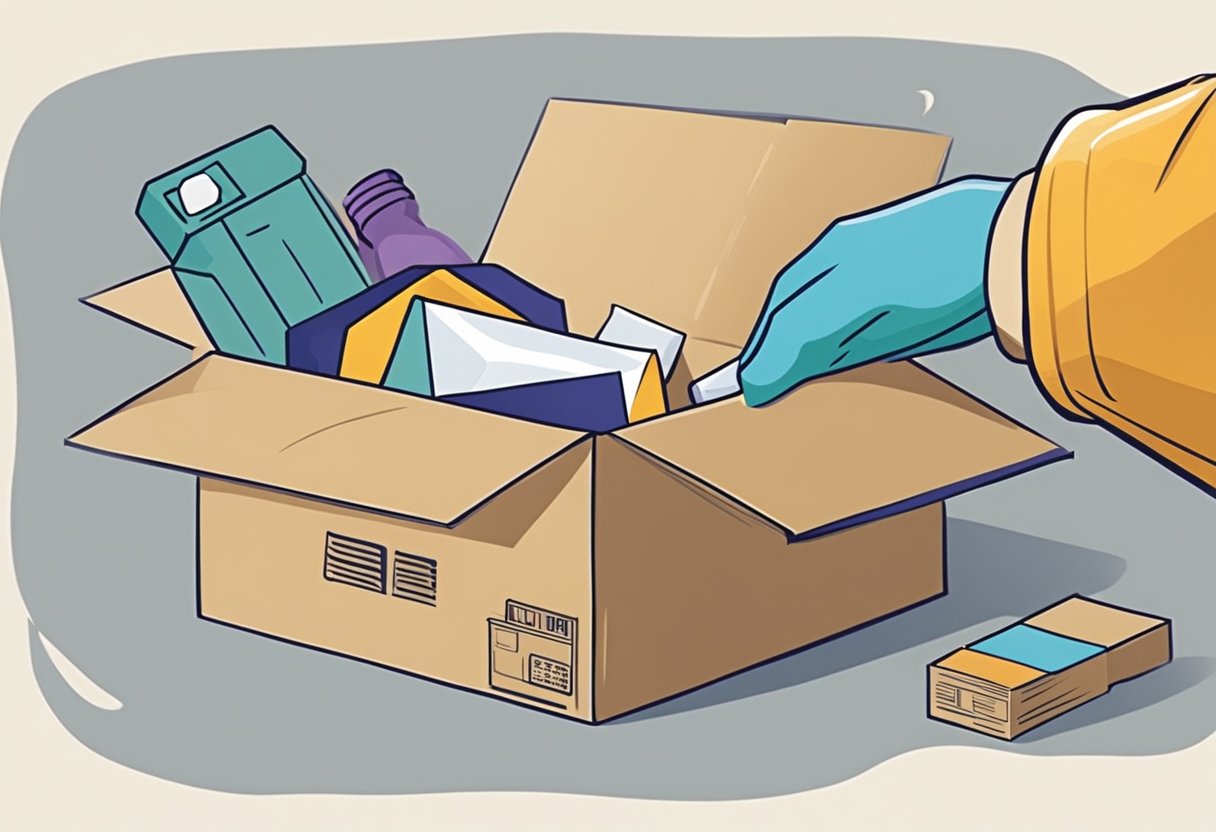 A hand reaches into a cardboard box, pulling out items